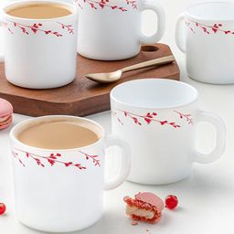 Larah by BOROSIL White & Red Hand Painted Printed Opalware Glossy Mugs Set of Cups and Mugs-9