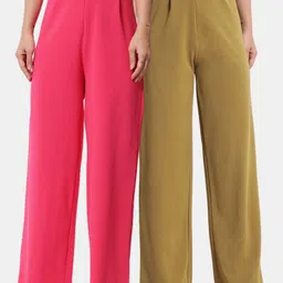 Kotty Women Pack Of 2 Relaxed High-Rise Straight Fit Easy Wash Pleated Trousers-image-25