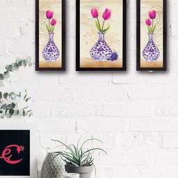 eCraftIndia Set of 3 Multicoloured Flowers UV Wall Art-77