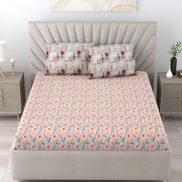 Salona Bichona Pink & Grey Floral Printed Cotton 300 TC King Bedsheet With 2 Pillow Covers-image-32