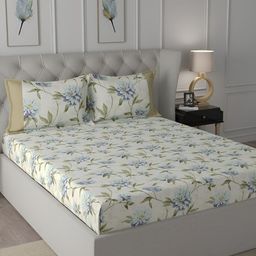 MASPAR Regency White & Blue Printed 144 TC Cotton Queen Bedsheet & 2 Pillow Covers-picture-43