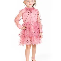 Cherry Crumble Girls Pink & Maroon Net Polka Dots Embossed Print A-Line Dress-image-5