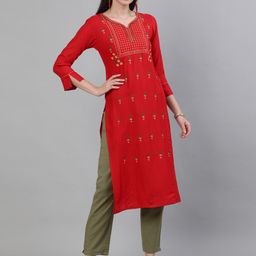 KIMAYRA Women Red Floral Yoke Design Thread Work Kurta-image-59