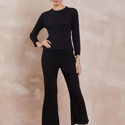 DressBerry Black Self Design Top With Mid-Rise Trousers-picture-34