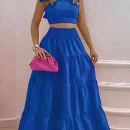 StyleCast Blue Shoulder Straps Crop Top With Skirt-image-31