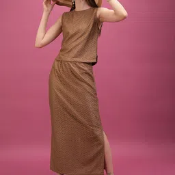Tokyo Talkies Brown Self Design Crochet Top With Skirt Co-Ords-picture-39