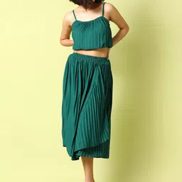 Campus Sutra Pleated Shoulder Straps Blouson Crop Top & Skirt-image-12
