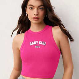 TABADTOD Typography Print Crop Fitted Top-image-94