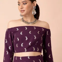 Indya X Payal Singhal Purple Foil Off Shoulder Crop Top-picture-43
