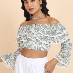 Tokyo Talkies White Floral Printed Off Shoulder Bell Sleeves Bardot Crop Top-image-94