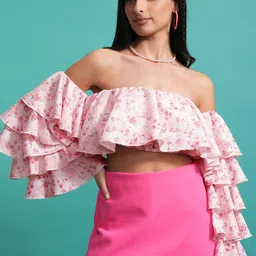 Tokyo Talkies Pink Floral Print Off-Shoulder Flared Sleeve Bardot Crop Top-image-27