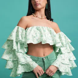 Tokyo Talkies Green Floral Printed Off-Shoulder Bell Sleeves Ruffled Bardot Crop Top-image-75