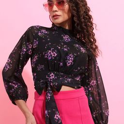 KETCH Floral Printed High Neck Waist Tie-Ups Blouson Crop Top-image-50