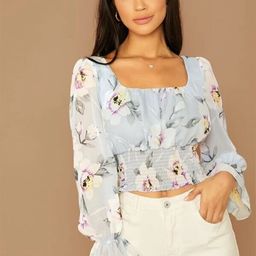 Stylecast X Slyck Floral Printed Square Neck Smocked Bell Sleeves Crop Top-21
