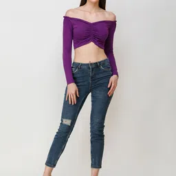 Cation Purple Off-Shoulder Cotton Ruched Fitted Crop Top-picture-12