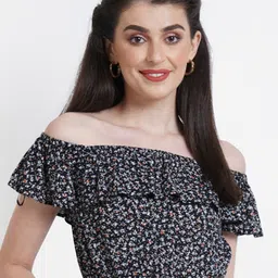 Purple State Floral Printed Off-Shoulder Cotton Bardot Crop Top-image-8