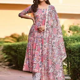 KALINI Floral Printed Straight Anarkali Kurta & Trousers With Dupatta-29