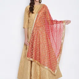 Clora Creation Women Red & Gold Geometric Embroidered Mirror Work Net Dupatta-5