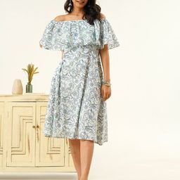 indy Raaga Floral Printed Off-Shoulder Cotton Fit & Flare Dress-53