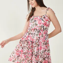 Bitterlime Floral Printed Shoulder Straps Tiered Georgette Fit & Flare Dress-image-8