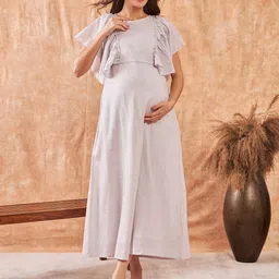 The Kaftan Company Flutter Sleeve Ruffled Maternity Cotton Linen Fit & Flare Maxi Dress-image-100