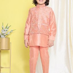 Aj DEZInES Boys Band Collar Regular Raw Silk Kurta With Pyjamas-33