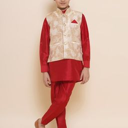 Aj DEZInES Boys Mandarin Collar Kurta with Trousers & Nehru Jacket-picture-30