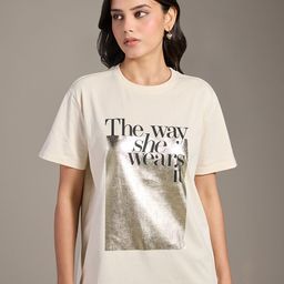 20Dresses Beige Typography Printed Round Neck Cotton T-shirt-image-49