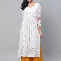 ADA Women White & Gold-Toned Chikankari Embroidered Sustainable GotaPatti Kurta With Slip-image-29