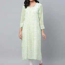 ADA Women Green & White Chikankari Embroidered Straight Kurta With Slip-picture-22