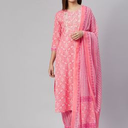 AHIKA Women Pink Ethnic Motifs Printed Thread Work Pure Cotton Kurta with Salwar & With Dupatta-image-68