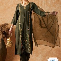 Sangria Floral Embroidered Zari work Straight Kurta with Pant & Dupatta-image-25