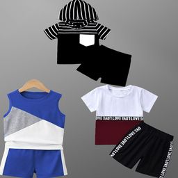 BAESD Unisex Kids Pack of 3 Colourblocked Pure Cotton T-shirt with Shorts-96