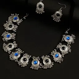 Oxidized Heaven Sterling Silver-Plated Oxidised Stone Studded Jewellery Set-picture-46