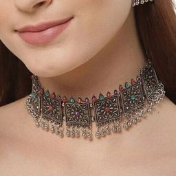 Oxidized Heaven Sterling Silver-Plated Stones-Studded & Beaded Jewellery Set-image-74