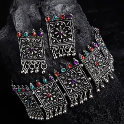 Oxidized Heaven Sterling Silver-Plated Stone Studded Jewellery Set-15