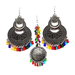Oxidized Heaven Sterling Silver-Plated Beaded Oxidised Maang Tika and Earrings-picture-7