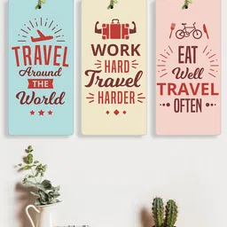 RANDOM  Blue & Peach 3 Pieces Travel Quote Wooden Rectangle Wall Hanging-14