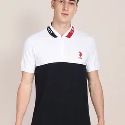U S Polo Assn Men White & Black Colourblocked Polo Collar Slim Fit Pure Cotton T-shirt-image-58