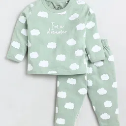 Clt s Kids Green & White Printed Pure Cotton T-Shirt & Pyjamas Night Suit-15