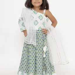 Readiprint Fashions Girls White & Blue Embellished Block Print Ready to Wear Lehenga & Blouse With Dupatta-19