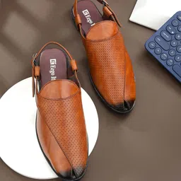 Eego Italy Men Tan Ethnic Comfort Buckle Sandals-image-40