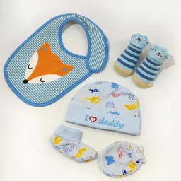 Moms Home Infants Set Of 5 Blue Printed Pure Cotton Gift Set-6