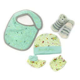 Moms Home Kids Set Of 5 Green Printed Pure Cotton Baby Apparel Gift Set-58