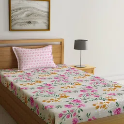 KLOTTHE Book Fold Pink & White Floral-Printed 300TC Single Bedsheet With 1 Pillow Cover-image-31