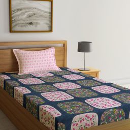 KLOTTHE Blue & Pink Floral Printed 300TC Single Bedsheet With 1 Pillow Cover-image-59