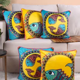 STITCHNEST Yellow & Turquoise Blue 5 Pieces Printed Velvet Square Cushion Covers-image-90
