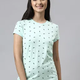 Enamor Women Turquoise Blue Printed Slim Fit Cotton Lounge T-shirts-image-68