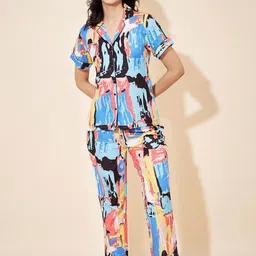 Fbella Abstract Printed Lapel Collar Shirt With Pyjamas-18