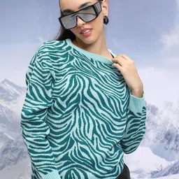 Tokyo Talkies Blue Abstract Printed Acrylic Pullover Sweater-picture-3